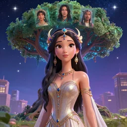 masterpiece portrait charming and miracle tree of life astromancer boho accessories in dreamlike cg animation, kpop, glossy skin, luxry dress, high detailed face, animated, art by artgerm, greg rutkowski, macoto takahashi, big major starry sky and city in background, character select portrait, 3 d, fantasy, no distorsion, medium long shot, 8 k realistic