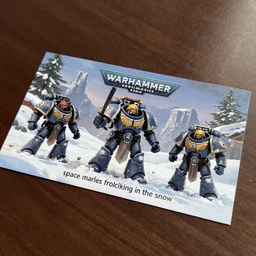 postcard showing 'warhammer space marines frolicking in the snow' laying on coffee table, zoomed out, HD, iphone capture