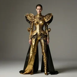 High quality photo of a Female standing still Staring To A Camera, dressed in a golden and black surreal Avant grade outfit inspired by Ernst Haeckel. Sigma ART 50mm F2.8. hyper realistic vfx simulation. 300ppi image. uncompressed raw image. 717gigapixel image. Fashion ad