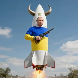 Putin in a rocket with Ukrainian colors with a gun as a body and horns on his head.