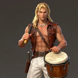a male ranger with a bongo drum and holding nunchaku, wearing a leather vest and white linen pants, chiseled good looks, long swept back blond hair, puka shell necklace, dnd, digital art