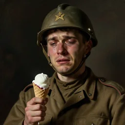 portrait of a sad crying soldier with an ice cream in his hand by emile friant