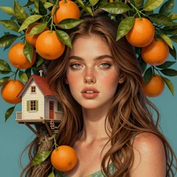 portrait of a beautiful woman with oranges, house on tree, detailed illustration, digital art, overdetailed art, concept art, highly saturated colors, detailed illustration, hd, 4 k, digital art, cgsociety and beeple highly detailed, cinematic lighting, illustration, art, very coherent. high detail, dan mumford, greg, rutkowski, trending on artstation