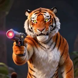 “portrait of tiger in the style of the movie zootopia holding a laser gun, with a dark background behind him”