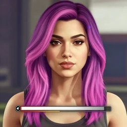 a stunning GTA V loading screen with a beautiful woman with ombre purple pink hairstyle, hair blowing in the wind, hoop earrings, sunset mood, outrun, vaporware, retro, digital art, trending on artstation