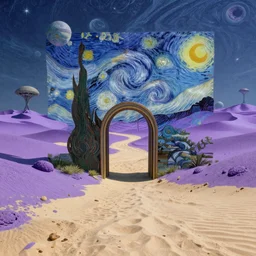 Portal located on the beach leading to alien planet with purple sand desert landscape, high detailed, by Vincent Van Gogh,