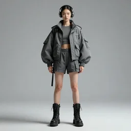 haute couture, clothing setting, futurism, vest, princess sleeve jacket, shorts, boots, headphones, cyberpunk style, render by octane and blender, hyper realistic, hyper detailed