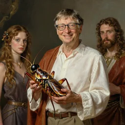 a detailed fantasy character painting of Bill gates holding a giant cricket, dressed like Jesus Christ, by lauri blank, artgerm, evelyn de morgan, 8K, 50mm lens