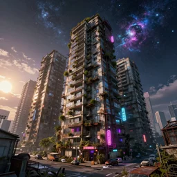 a beautiful hyperdetailed rendering of urbex nature industrial architecture condominium by april gornik, galactic fisheye nightsky cosmic uv light alien at winter fantasy universe neon signs landscape tokyo thermal vision futuristic evil sunlight morning sun at dusk, archdaily, wallpaper, highly detailed, trending on artstation.