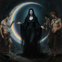 awe-inspiring award-winning concept art painting of attractive figure in black shrouds called the ghost of the moonbow queen, rainbow, by Michael Whelan, William Adolphe Bouguereau, John Williams Waterhouse, and Donato Giancola, cyberpunk, extremely moody lighting, glowing light and shadow, atmospheric, shadowy, cinematic, 8K