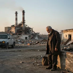 a sad solitary old man looks on as in the evening sunlight as in the distance a factory is demolished, in the style of ismail inceoglu