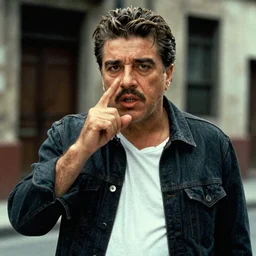 film still of pablo escobar who says plata o plomo in narcos