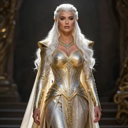 a fantast beauty full body detailed adriana lima as galadriel, platinum white wavy long hair, white headband in the front with diamonds, jewelry body armor in golden and silver colors, pointy ears, detailed, epic masterpiece of cinematographic hyperrealism, realistic shaded lighting poster by craig mallismo, artgerm, jeremy lipkin and michael garmash, unreal engine, radiant light