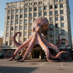 photograph of giant octopus in brutalist soviet office building parking lot in sunshine kodachrome