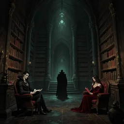 dark sinister vampire lair interior by Bastien Lecouffe-Deharme and Brooke Shaden, library, adventure game, inspired by Diablo concept art and Zdzisław Beksiński