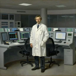 a contemporary painting of a single scientist in a white coat stands in a large control center by carl spitzweg