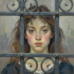 Close up view girls face seen through an ornate metal grate painted in the style of the old masters, painterly, thick heavy impasto, expressive impressionist style, painted with a palette knife