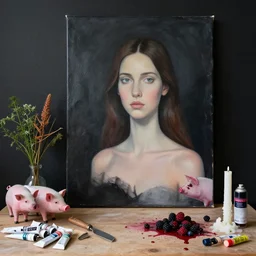 “ a portrait in a female art student ’ s apartment, sensual, art supplies, paint tubes, palette knife, pigs, ikebana, herbs, a candle dripping white wax, black walls, squashed berries, berry juice drips, acrylic and spray paint and oilstick on canvas, surrealism, neoexpressionism ”