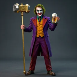 full body portrait robert de niro as medieval joker crazy colorful clothing with a heavy golden mace in his left hand and a beer jug in his right hand, octane render, superhighresolution