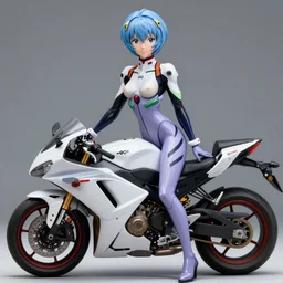 a fullbody portrait of rei ayanami on a motorcycle, evangelion neon genesis : : blue hair, wearing a plug suit, skintight, standing on top of an eva : : by ilya kuvshinov, rossdraws, artgerm, sola digital arts, anti aliasing, raytracing : :