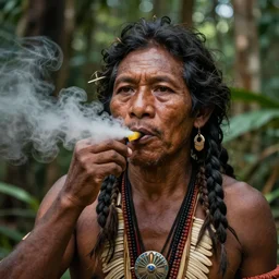 a beautiful portrait of an indigenous man in the jungle taking tobacco snuff, art by christophe vacher