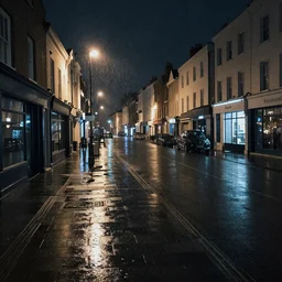 dark Saturday, West Street Brighton Sussex at night in the rain, lots of reflections of lights, painted with a palette knife