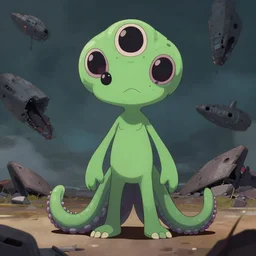 cute anime portrait of alien humanoid full body with four tentacles on his feet five eyes on his face with his ship destroyed