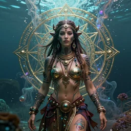 a centered render of an mytical festival hippy with tribal tattoos wearing intricate metallic clothing surrounded by a underwater ink pour and flowing liquid gallium and sacred geometry, perfect body and face, gorgeous, cinematic, beautifully lit, by tom bagshaw, by karol bak, by donato giancola, 3 d, trending on artstation, octane render, 8 k