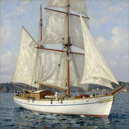 A beautiful 40 feet Swedish sailboat from the 1950s in The Swedish archipelago. Pocky the dog is guarding on deck, natural sunlight, renaissance oil painting on canvas.