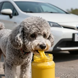 a closeup photorealistic photograph of a poodle eating from a jar of mustard. toyota prius is in the background. professional capture. brightly lit scene. this 4 k hd image is trending on artstation, featured on behance, well - rendered, extra crisp, features intricate detail, epic composition and the style of unreal engine.