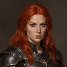 head and shoulders, red hair, red eyes, woman, dark leather armor by june jenssen, anna podedworna, and leyendecker, artstation