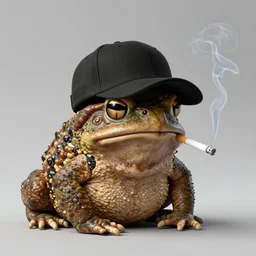 a photorealistic render of a cool toad wearing a black cap and smoking a cigarette, HQ