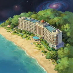 a birds eye view of a beautiful beach side hotel on the edge of the universe, concept art, digital painting, trending on artstation, by ghibli, also cannabis