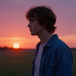 steve harrington from stranger things looking over at the sunset, synth wave style ”