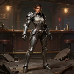 hyper detailed ultra sharp full body matte character portrait of a woman wearing hextech armor standing in a destroyed dive bar doing an action pose, realistically proportioned face, cinematic lighting, good value control, smooth, realistic shading, realistic face details, smooth, highly detailed, digital painting, painted texture maps, illustration, painted texture maps, substance painter