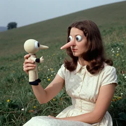 1970 woman on tv show with a long prosthetic nose, prosthetic eyeballs, wearing a dress on the hillside 1970 color archival footage color film 16mm holding a hand puppet Fellini Almodovar John Waters Russ Meyer Doris Wishman