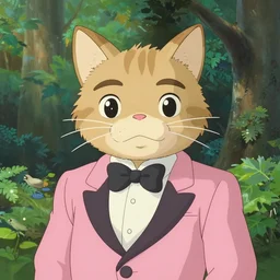 upper body portrait of a male anthropomorphic cat in a pink tux, in the style of zootopia, in a forest styled of studio ghibli
