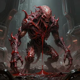 concept art by greg rutkowski, a hideous monster in the shape of amantis of twisted flesh and reddish ooze, claustrophobic and futuristic, brutalistic environment, scifi, detailed and intricate environment, high technology, highly detailed portrait, digital painting, artstation, concept art, smooth, sharp foccus ilustration, artstation hq.