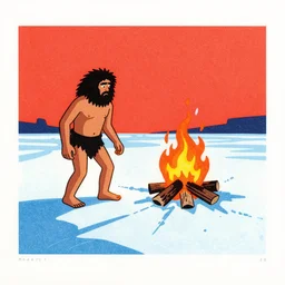 grainy risograph, painting of a prehistoric caveman, icescape, fire hearth, desolation, vivid colors, by moebius and lehr paul and kim jung gi