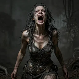 ultra realist intricate detailed portrait of a single rugged attractive female screaming, insanity, full body, accurate features, apocalyptic, very intricate details, 8 k resolution, dim lighting, dramatic lighting, artstyle zdzisław beksinski, award winning