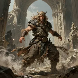 linear gamma, dynamic pose, costume design made by nordic tribes, sophisticated composition, old masters light composition, procedurally generated, dynamic brush strokes, dynamic pose, natural light, dissolution, turbulence, epic human character posing for concept art, beautiful ancient gothic ruins behind, substance designer, PBR, Ultra detailed, hyperrealistic, megascans, volumetric light, concept by master artist, made in paint tool SAI2, trending pixiv face