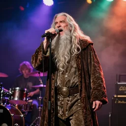 gandalf singing in a funk band, fog machine, colored spotlights
