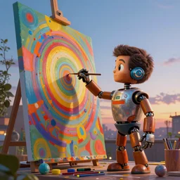 a beautiful painting of robot bob ross making art, gigantic, octane render, brilliantly coloured, intricate, ultra wide angle, trending on artstation, dusk, volumetric lighting, polished, micro details, ray tracing, 8k