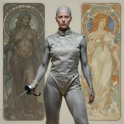 Charlize Theron as a bald rapier fencer, plain clothes, grey skin with stone texture, graceful, highly detailed, centered, digital painting, artstation, concept art, sharp focus, illustration, art by artgerm and H R Giger and alphonse mucha