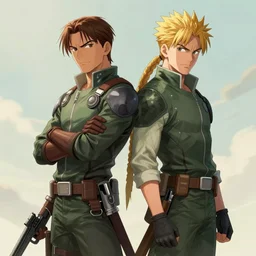 solid snake and aloy standing back to back, posing, medium shot, natural lighting, digital art, illustration, highly detailed, by john kirby