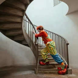a man pushing a clown down a spiral staircase