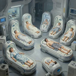 ultra realist intricate detailed painting of a room full of cryo pods with humans sleeping, sci - fi, very intricate details, 8 k resolution, volumetric lighting, artstyle keith thompson and hiraku tanaka, award winning