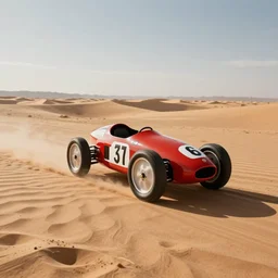 a retro flying racecar in the desert