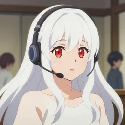 anime film still portrait of a japanese young woman, large, red eyes, long white hair wearing a headset in her room interior, detailed facial features, dynamic pose, cute face by ilya kuvshinov, yoh yoshinari, makoto shinkai, masakazu katsura, kyoani, rimlight, cel shaded, 4 k