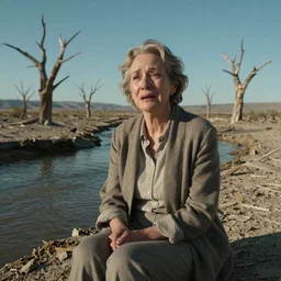 medium shot of a 65-year-old Gaia, crying one single tear, facing the camera and sitting on a dried up river in a desolate land, dead trees, blue sky, hot and sunny, highly-detailed, elegant, dramatic lighting, artstation, 4k, cinematic landscape, photograph by Elisabeth Gadd